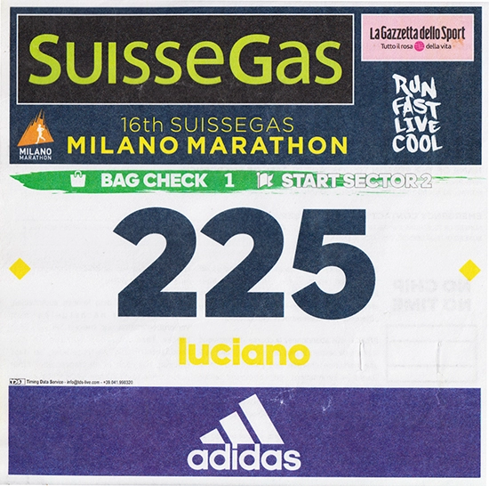 Pettorale 225 della 16esima SuisseGas Milano Marathon - Milano (MI)